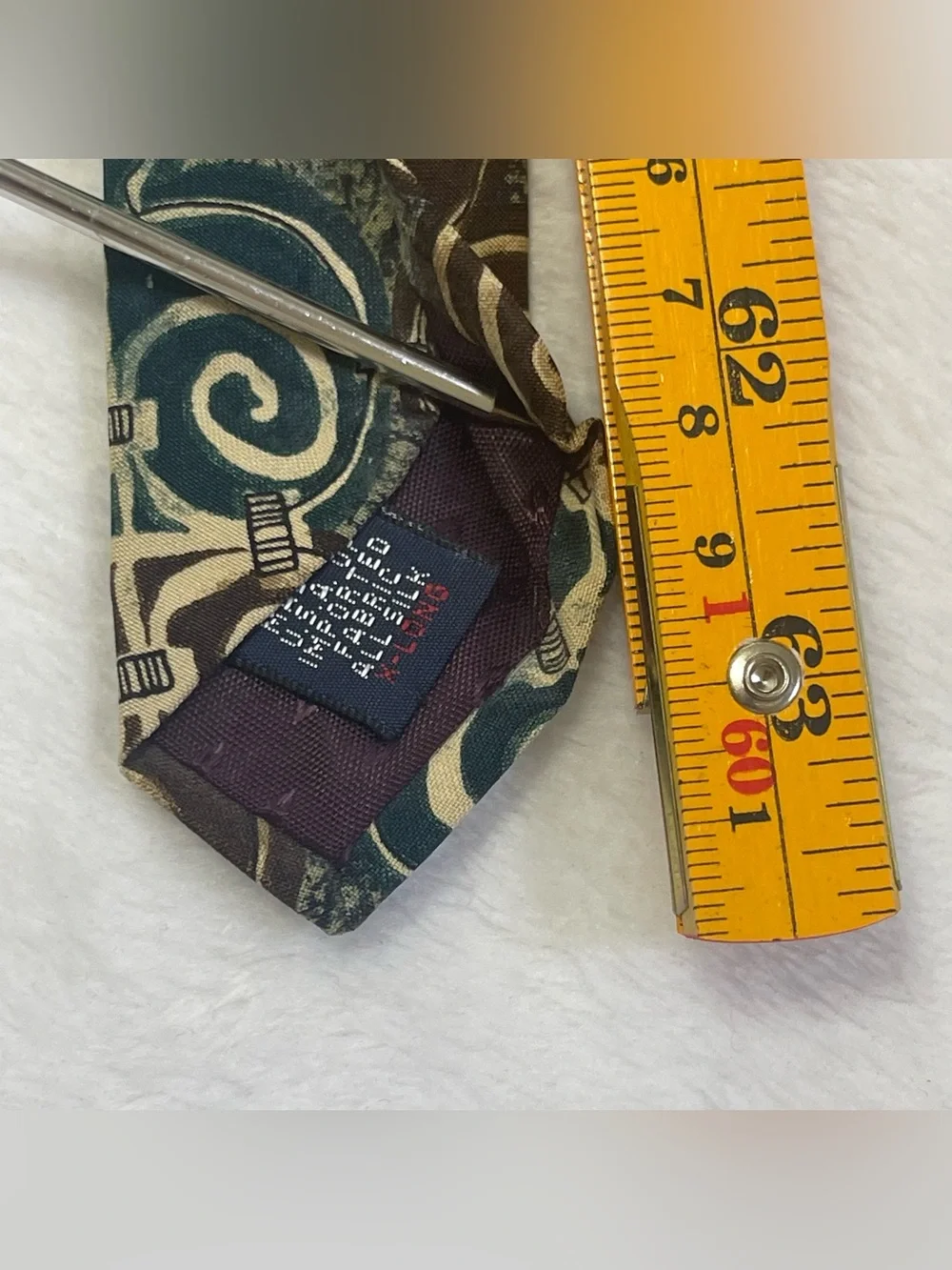 PATTINI Mens Vintage Silk Necktie Extra Long Geometric Swirl Teal Brown XL